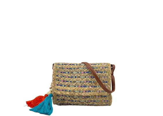 Bolso Bandolera Rafia Borla Con Abalorios Solapa